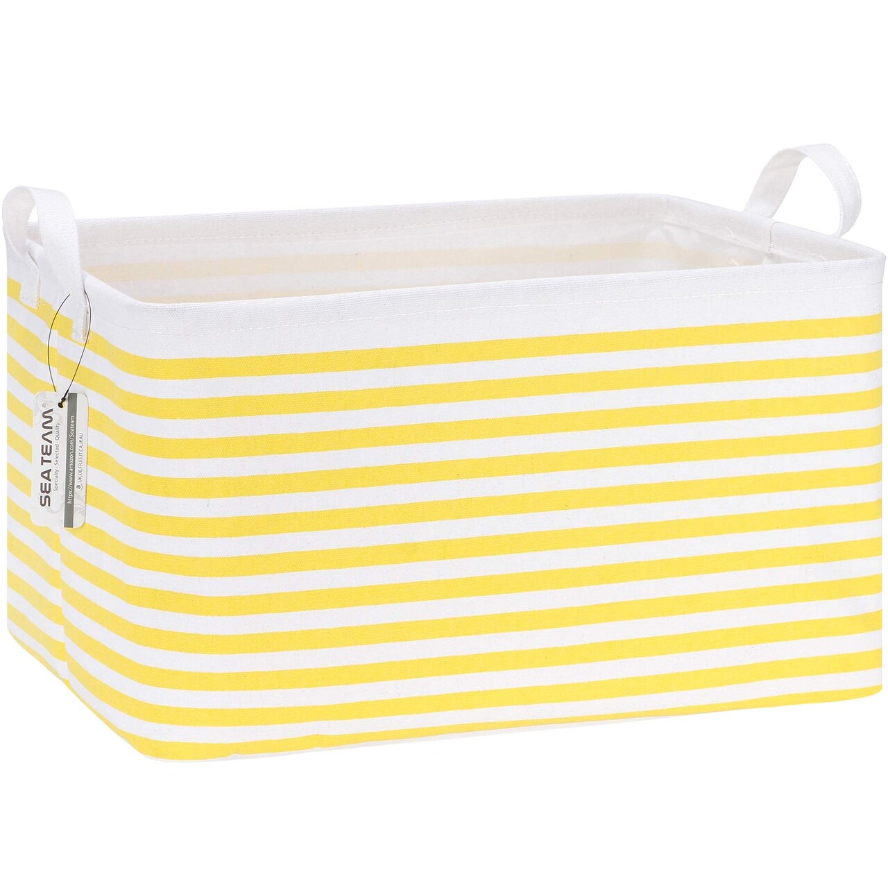 Sea Team Collapsible Canvas Fabric Storage Basket with Handles, Rectangle Waterproof Storage Bin, Box, Cube, Foldable Shelf Basket, Closet Organizer, 16.5 x 11.8 x 9.8 Inches, Yellow Stripe